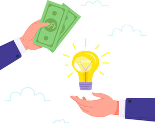 Exchange money for lightbulb. Hands changing cash on innovation idea, selling imagination online, hand in suit pay or buy energy conceptual bulb, financial loan vector illustration