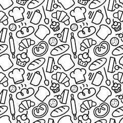 Bakery pattern with food and baking accessories white color line style on brown background for bread house, coffee shop, loaf store, food market, cafe, cupcake firm. Vector Illustration