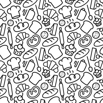 Bakery pattern with food and baking accessories white color line style on brown background for bread house, coffee shop, loaf store, food market, cafe, cupcake firm. Vector Illustration