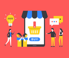 Mobile shopping. People and mobile phone with shopping app. Ecommerce, shoppers, buy goods, online store concepts. Modern graphic elements. Vector illustration