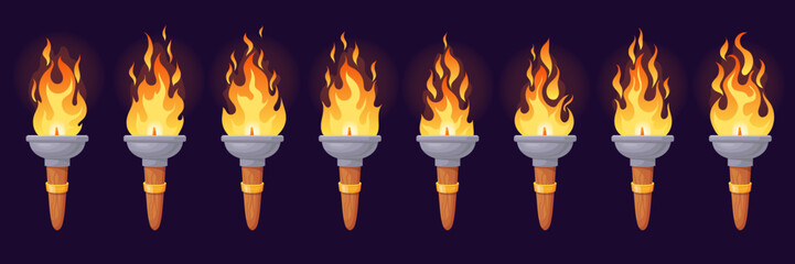 Torch animation. Animated fire brand, flame old candle or medieval bonfire beach pillar, cartoon spark flames 2d sequence loop magic light burning effect, neat vector illustration