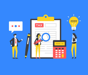 Tax form. People and clipboard with tax invoice. Accounting, tax payment concepts. Modern graphic elements. Vector illustration
