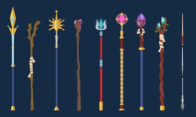 Cartoon magical staff. Wizards magic weapon, magical wand princess rod rpg game magician stick enchanted scepter miracle crystals for sorcerer battle, neoteric vector illustration - obrazy, fototapety, plakaty