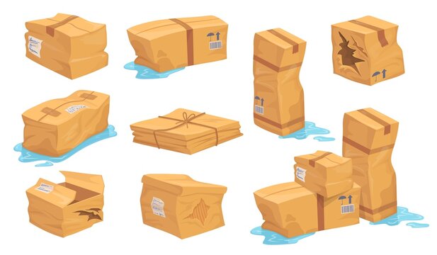 Damaged cardboard boxes. Damage package box, crumpled broken torn container delivery fail bad packaging wet goods from rain dirty parcel breakage cargo set neat vector illustration