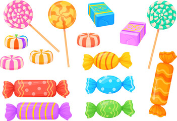 Cartoon wrapped candy. Caramel bonbon sweet lollipops snacks chocolate and fruit sweets for kids, tasty sugar confectioner childish dessert food birthday, neat vector illustration - obrazy, fototapety, plakaty