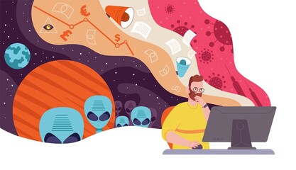 Conspiracy ideas. Concerned man at computer think disinformation false ideas, vaccine covid ufo alien secret community information war bargain contract splendid vector illustration