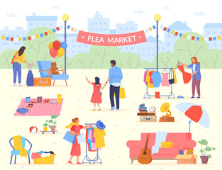 Shoppers on flea market. Outdoor bazaar seller, garage shop second hand jewelry swap used vintage clothes, street sale secondhand fair household product