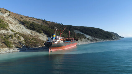 Sunny landscape with moored tanker vessel ship near the slope covered with green pine trees on blue...