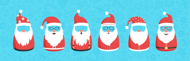 Christmas Santa Claus vector icon, cartoon character set, red Santa hat, New Year cute collection, holiday winter illustration