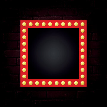 Vector realistic isolated red lightbox marquee frame with neon bulb lamps for template decoration on the wall background. Concept of cinema and theatre.