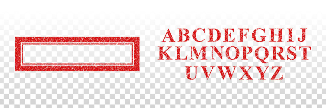 Vector realistic isolated template for red rubber stamp design and alphabet font on the transparent background.
