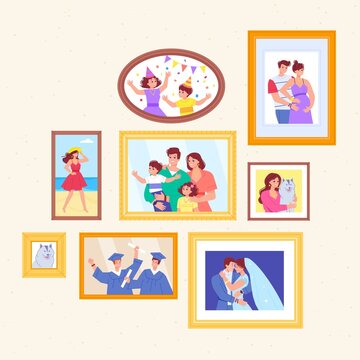 Family photographs. Families photo in frame on wall, memory pictures generations portraits happy moments nostalgic memories wedding affection people flat swanky vector illustration