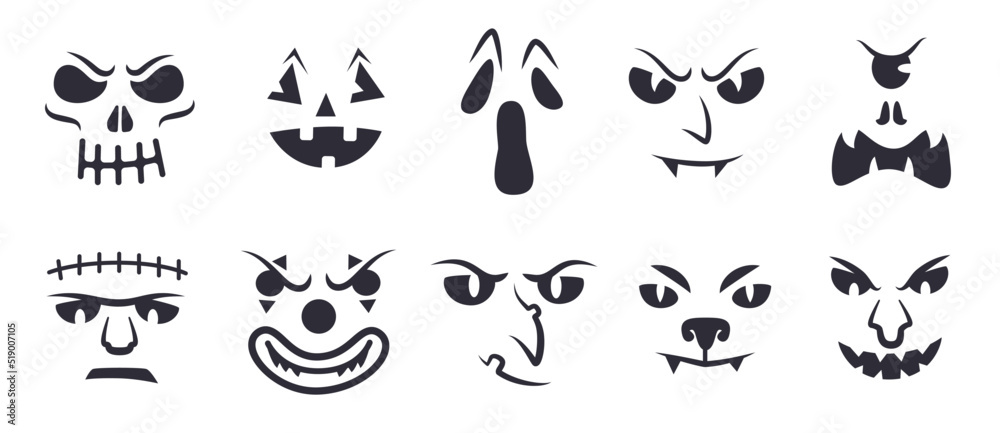 Wall mural halloween faces stencil. ghostly freak face carving for pumpkin lantern, creepy eyes evil vampire dr - Wall murals
