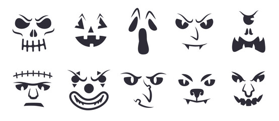 Halloween faces stencil. Ghostly freak face carving for pumpkin lantern, creepy eyes evil vampire dracula or goblin smile ghoul silhouette template, ingenious vector illustration