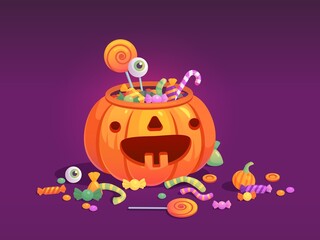 Candies in pumpkin bag. Halloween pumpkins bucket full candy box or chocolate tasty truffle sweets, trick-or-treating celebration bag for happy kids, ingenious vector illustration