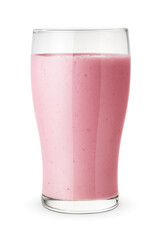 Glass of pink berry milkshake isolated on white.