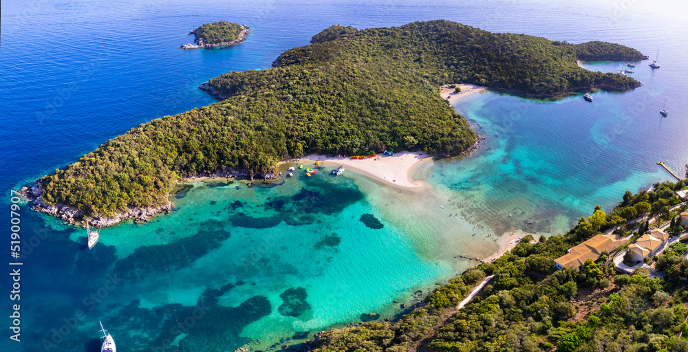 Wall mural sivota - stunning aerial view of turquoise sea known as blue lagoon and unique beach bella vraka. ep