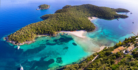 Sivota - stunning aerial view of turquoise sea known as Blue Lagoon and unique beach Bella Vraka....