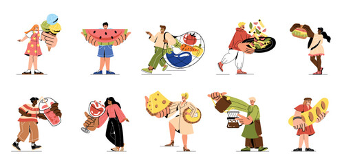 Fototapeta premium Set of People with food. Men and women eat organic food, hold watermelon, ice cream, cheese and bread. Barista pours coffee. Healthy diet. Cartoon flat vector collection isolated on white background