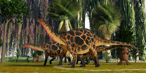 Jurassic Dicraeosaurus Morning - Jurassic vegetation towers over two Dicraeosaurus sauropod dinosaurs as they look for plants to eat. © Catmando