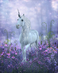 Obraz na płótnie Canvas Unicorn with Purple Flowers - A legendary white Unicorn ambles through purple bell flowers on a walk through the magical forest.