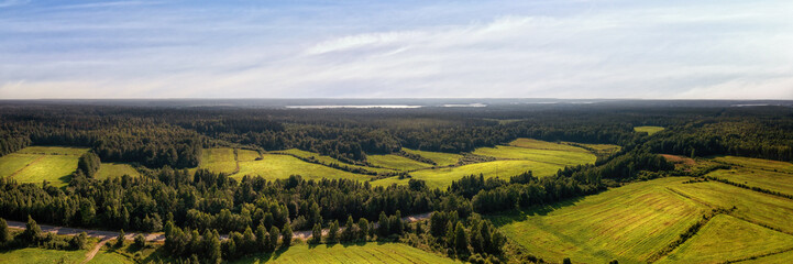 Fototapeta na wymiar Green fields and dark forest aerial panoramic view