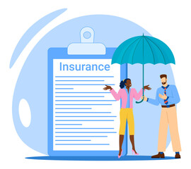 Insurance.People are standing under an umbrella against the background of an insurance contract.The concept of a safe life.Vector illustration.