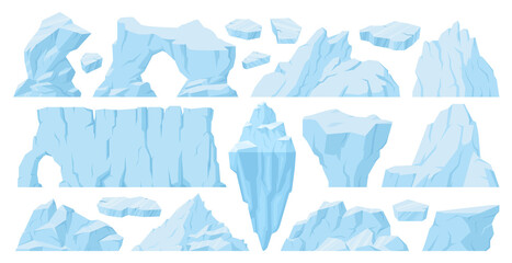 Antarctic cartoon ice, floating glaciers and snow icebergs. Ice crystals, snowy mountains and cracked ice vector symbols illustration set. Frozen ice elements