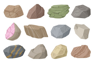 Cartoon granite rock gray stones, mountain rocks. Natural granite, gravel rocks pieces isolated vector symbols illustration set. Granite stones collection