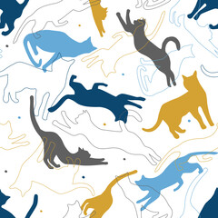 Seamless pattern of silhouettes of cats in different poses. Cute kittens play, jump. Vector graphics.