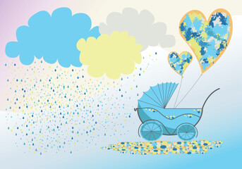 Baby shower  banner with blue baby carriage, heart   balloons and cloud with colorful raindrops. It's a boy. Vector illustration