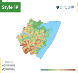 Zhejiang, China - high detailed physical map. Vector map. Dem map.
