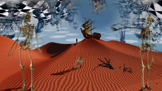 Surreal desert with chessboard and figures. Ancient ship in the sky. Skeletons hourglass and dried branch. Figure of man in a distance and ancient ship on a sand dune