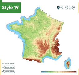 France - high detailed physical map. Vector map. Dem map.