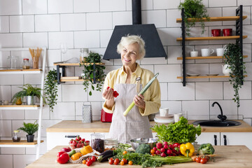 beautiful elderly gray haired senior woman cook in cozy kitchen with fresh organic vegetables, tomatoes, cabbage, lettuce, cucumbers on table cooking healthy vegetable salad, healthy food active life