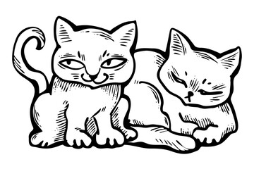 Obraz premium Cute cats friends sitting together. Decorative border, banner, postcard, poster print for kids room or birthday. Logo design for veterinary. Hand drawn illustration. Cartoon style character drawing.