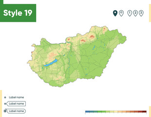 Hungary - high detailed physical map. Vector map. Dem map.