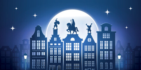 Happy Sinterklaas day. Silhouette of Saint Nicholas on background of moon and city buildings. Greeting card for Dutch holiday celebration. Design element for website. Cartoon flat vector illustration - Powered by Adobe
