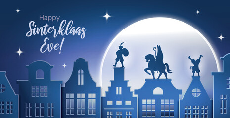 Happy Sinterklaas day. Saint Nicholas on horse walks on roofs of city buildings at night. Silhouette against backdrop of moonlight. Celebration Dutch holidays. Cartoon flat vector illustration