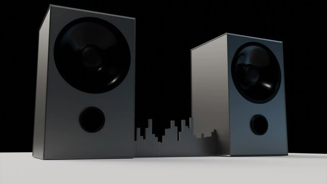 Large gray speakers. Design.Bright animation with musical devices that beat because of the power of the beats.