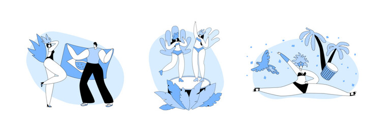 Brazil Carnaval in Rio de Janeiro. Characters Perform Show, Man with National Flag, Girls Wear Feathered Dress Dancing