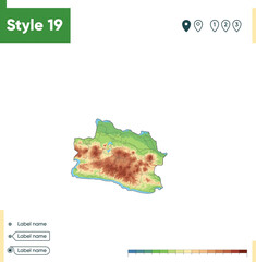 West Java, Indonesia - high detailed physical map. Vector map. Dem map.