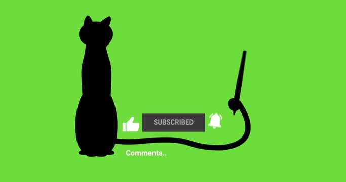 The аnimated black silhouette of a cat with a digital pen entices to click the like, subscribe, and notification buttons on a transparent background. 4k motion blur footage with alpha channel.