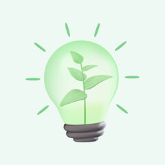Fototapeta na wymiar 3D lamp icon. Sustainability illustration. ESG, green energy, sustainable industry. Lamp and plant inside with green.