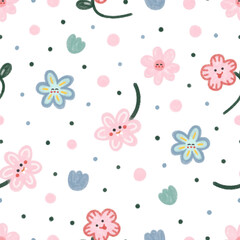 Delicate and soft vector print in Scandinavian watercolor style on a white background for children, toddlers. Pastel smiling flowers for patterns, backgrounds, postcards, wrappers, textiles, decor