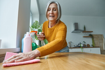 Elegant senior woman tidying up the kitchen and smiling