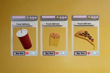 online supermarket. restaurant menu in a mobile application. website interface for ordering fast food on a mobile phone on a yellow background. fast food home delivery. 3d render. 3d illustration