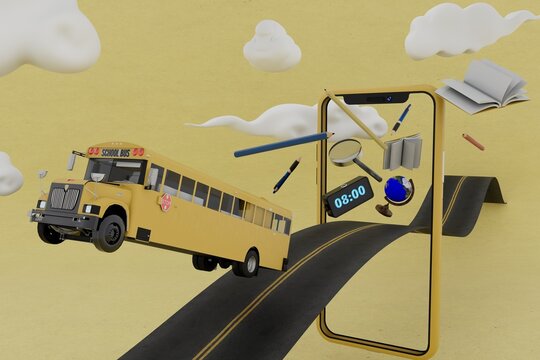 road to school. online learning on smartphone. school bus on the road around which school supplies on a yellow background with white clouds. 3d render. 3d illustration