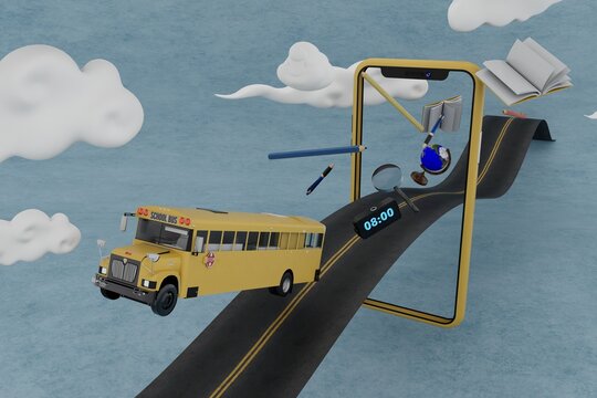 road to school. online learning on smartphone. school bus on the road around which school supplies on a blue background with white clouds. 3d render. 3d illustration
