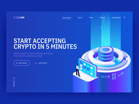 Start accepting crypto payments in 5 minutes isometric vector image on blue background. Easy blockchain transfers. IoT for business. Web banner with space for text. Composition with 3d components